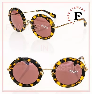 MIU MIU NOIR 13N Brown Havana Red Gold Retro Round Metal Sunglasses MU13NS • $198