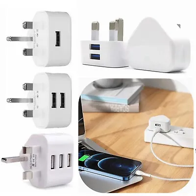 UK 3 Pin Dual USB Plug Adapter Mains Wall Charger 1 2 Port For Phones Tablets • £2.38