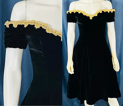 Vintage 80s Small Black Velvet Dress Goth Punk Sz 3/4 Gold Dress Off Shoulder US • $24.55