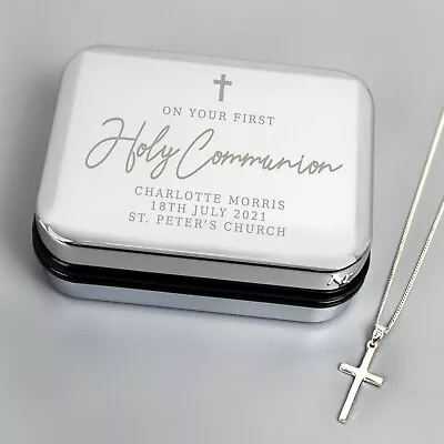 £28.99 • Buy Personalised First Holy Communion Box & Cross Necklace Set - Gift For Boys Girls