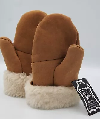 Real Genuine Sheepskin Shearling Leather Mittens Unisex Tan Brown Suede S-2xl • $23.89