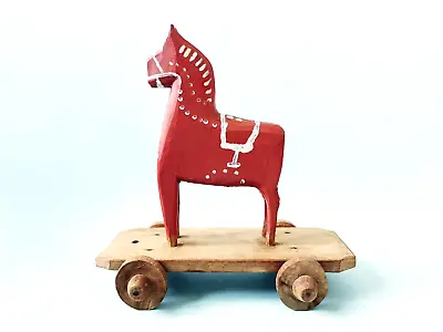 Vtg Swedish Folk Dala Red & White Horse On Wheels Decorative Pull Toy Ornament • £139.99