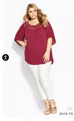 City Chic Crochet Scoop Neck Tropical Daze Rhubarb Red Top 12 XXS Blouse New • $36.28