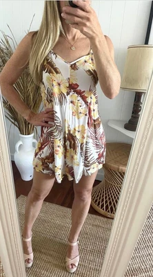 $20 • Buy XS RIPCURL Tropical Print Romper Jumpsuit White Brown Yellow
