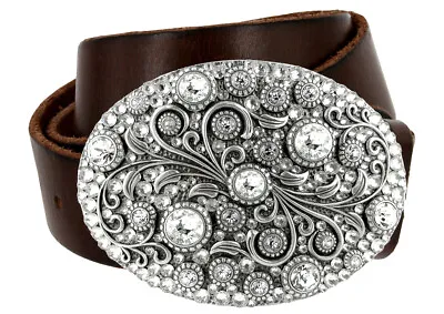 Timeless Tranquility Crystal Floral Buckle Genuine Leather Belt 1-1/2  Wide • $49.95