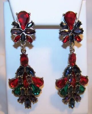 Vintage Rhinestone Earrings-Multicolored Stones-Red Green Blue-Dangle Pierced • $12.55