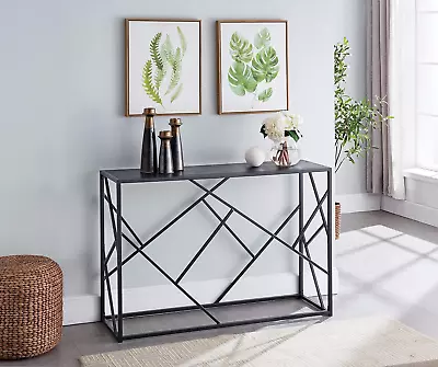 – Macon Modern Console Sofa Table Black Metal Frame & Gray Wood - Perfect For E • $127.99