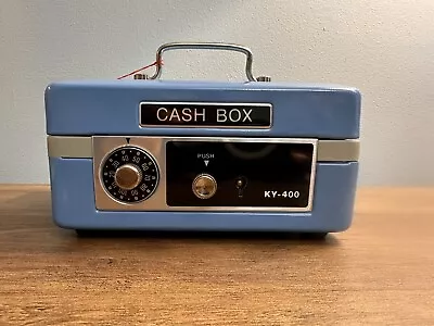 Vintage Cash Box WCombination Blue Square Metal Coin Radio Bank Toy Collectible • $35