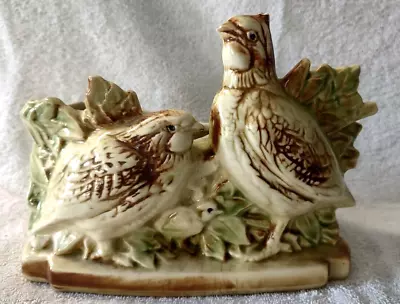 Vintage McCoy Quail Bird Family Pottery Planter Ceramic Beige And Green Foliage • $25