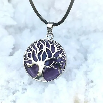 Amethyst Necklace Tree Of Life Silver Healing Stone Pendant  Black Cord Necklace • £5.49