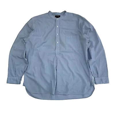 BEAMS PLUS Mens HICKORY STRIPE Half Button Grandad Collar Pullover Shirt XL Blue • £49.99