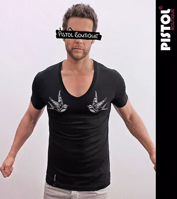 £22.49 • Buy Pistol Boutique Men's Fitted Black Deep V Neck TATTOO CHEST SWALLOWS T-shirt