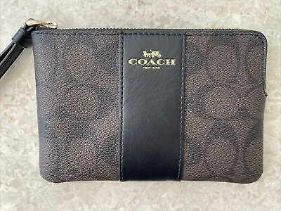 BRAND NEW Coach  Corner Zip Wristlet In Signature Leather Black-Brown SADDLE • $59.99