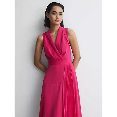 Reiss Claire Pleated Fitted Wrap Style Midi Dress Pink Womens Size 4 • $99.99