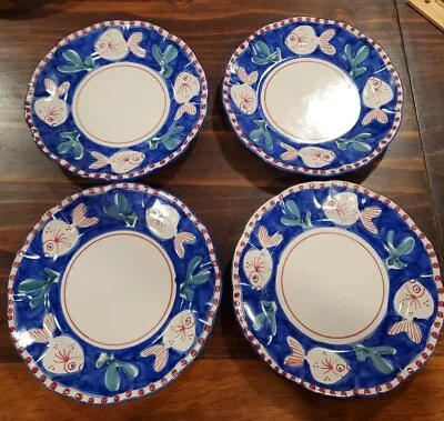 Set Of 4 Vietri Solimene Shallow Pasta Soup Bowls Blue Fish Made In Italy • $98.90