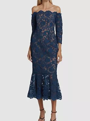 $596 Marchesa Notte Women's Blue Scalloped Off-The-Shoulder Sheath Dress Size 10 • $190.78