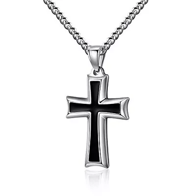 Reve Stainless Steel Black & Silver Cross Pendant Necklace For Men Women 20-24 • $17.59