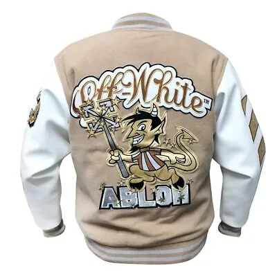 £24.89 • Buy Men Off-white Letterman Bomber Varsity Biker Wool Beige Ac Ablom Jacket