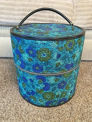 Vtg 60s Floral Turquoise Zipper MCM Retro Round Hat/Wig Box Carry Case W/handle • $54