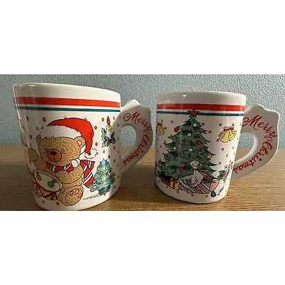 Vintage 1980s Enesco Merry Christmas Mug Set Teddy Bear Drumming & Goose Mugs • $18.99