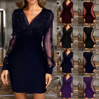 Women Sexy V Neck Mini Dress Ladies Long Sleeve Cocktail Evening Party Gown Size • £3.19