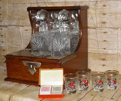 Antique Double Dark Oak Gambling Tantalus & 2 Crystal Cut Glass Decanters • $789.84