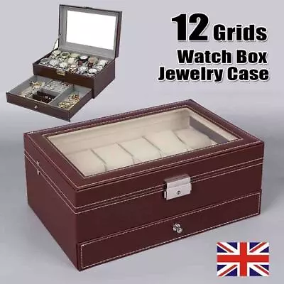 12Grid Watch Box Leather Display Glass Jewelry Storage Case Brown Leather Box UK • £20.47