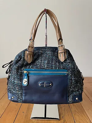 Jasper Conran Blue Wool Tweed & PU Leather Handbag Double Handle Grab Bag • £12.99