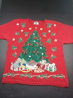 Vintage 90s Tiara Size Extra Large Red  Christmas Holiday Beaded UGLY Sweater • $29.99