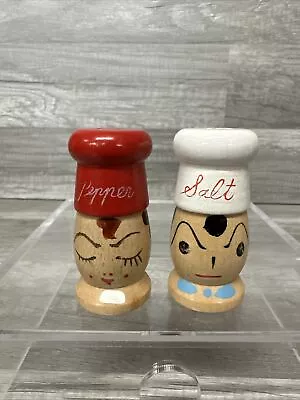 Vintage Wooden Chef Salt And Pepper Shakers Painted Faces 2” Made In Japan  • $8.99