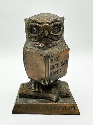 Vtg The Michigan Bank Cast Metal Owl Coin Bank Save Wisely Borrow Wisely • $25