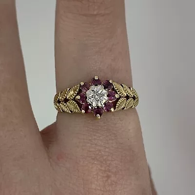 £130 • Buy Vintage Ruby & Diamond Flower Cluster Ring Leaf Accents 9ct Yellow Gold - Size P