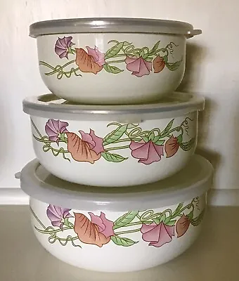 Vtg. Enamel Mixing Nesting Bowls Cream Pink Floral 3/ Lids-Very Pretty • $19.99