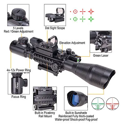 Pinty 4-12X50 Rangefinder Reticle Rifle Scope Green Laser & Dot Sight Tactical • $74.99