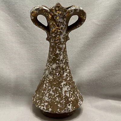 Vintage Mid Centrury Splatter Pitcher Vase White Gold Brown 9 Inch • $18