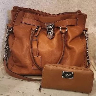 Michael Kors Hamilton Leather Satchel Bag Brown With Silver Chain • $72