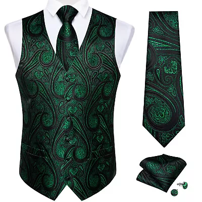 Mens Formal Wedding Waistcoat Black Paisley Suit Vest Slim Tuxedo Silk Tie Set • $35.70