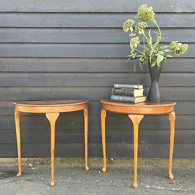 Two Yew Wood & Veneer Demi Lune / Half Moon Console Hall Tables • £110