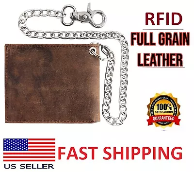 RFID Men's Bifold Full Grain  Leather Wallet With Chain Buffalo Vintage • $34.95