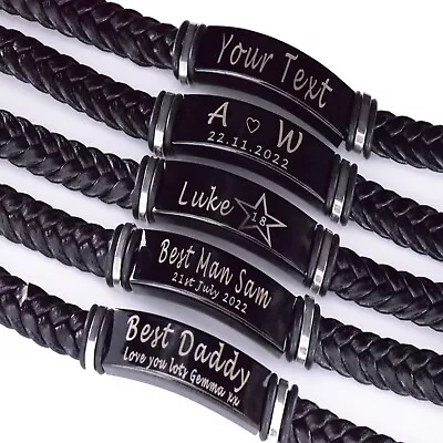 Engraved Personalised Men Leather Bracelet ID Birthday Wedding Fathers Day Gift • £4.74