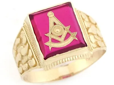 10k Or 14k Gold Past Master Freemason Masonic Simulated Ruby Nugget Mens Ring • $314.99