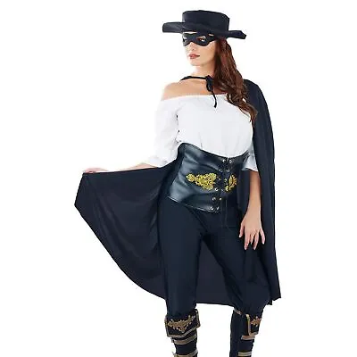 Lady Zorro Costume + Mask Hat Size S - L Womens Mexican Bandit Fancy Dress • $26.95