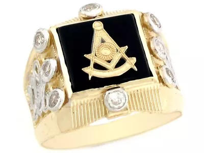 10k Or 14k 2 Tone Real Gold Past Master Freemason Masonic CZ Onyx Mens Ring • $374.99