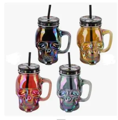 Skull Mason 12 Oz Jar Mug Glass Tumbler Cups W/Cover Reusable Straws  4 Pack • $24.95