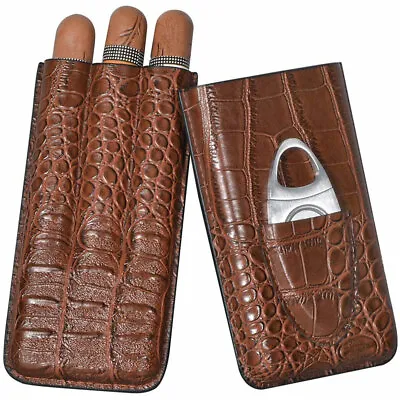 Durable Leather Case Holder 3 Tube Travel Brown Cigar Cedar Humidor With Cutter • $17.49