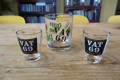 3 Vintage VAT 69 Whisky Glasses 2 Shots 1 Tumbler Haig/Queen Anne/White Label • £4