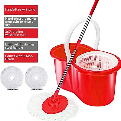 £10.95 • Buy 360° Rotating Magic Spin Floor Mop Bucket Set Microfibre With 2 Heads For Clean