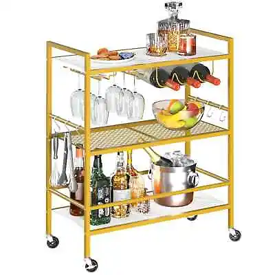 Rolling Bar Wine Kitchen Cart Wine Rack Glass Holder Shelves Storage Gold/White • $100.74