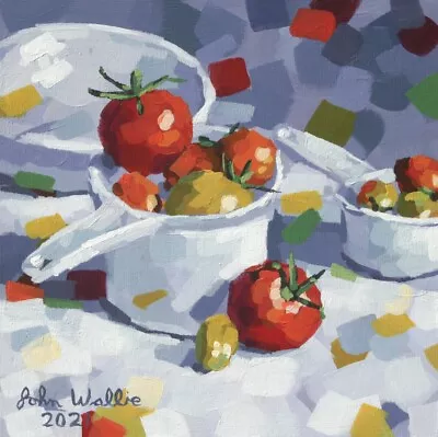 Original Painting -  Tomatoes In Measuring Cups  - 6 X 6 Inch By John Wallie • $150