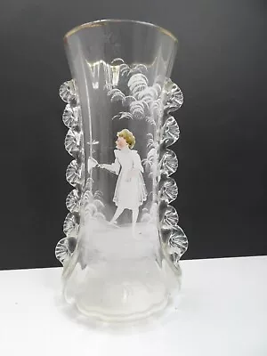 Antique Mary Gregory Hand Painted Girl Insect Net Ruffle Edge Vase Victorian • $145